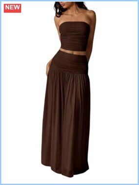 Women's 2 Piece Mesh Ruched Bandeau Crop Top and Maxi Skirt Set